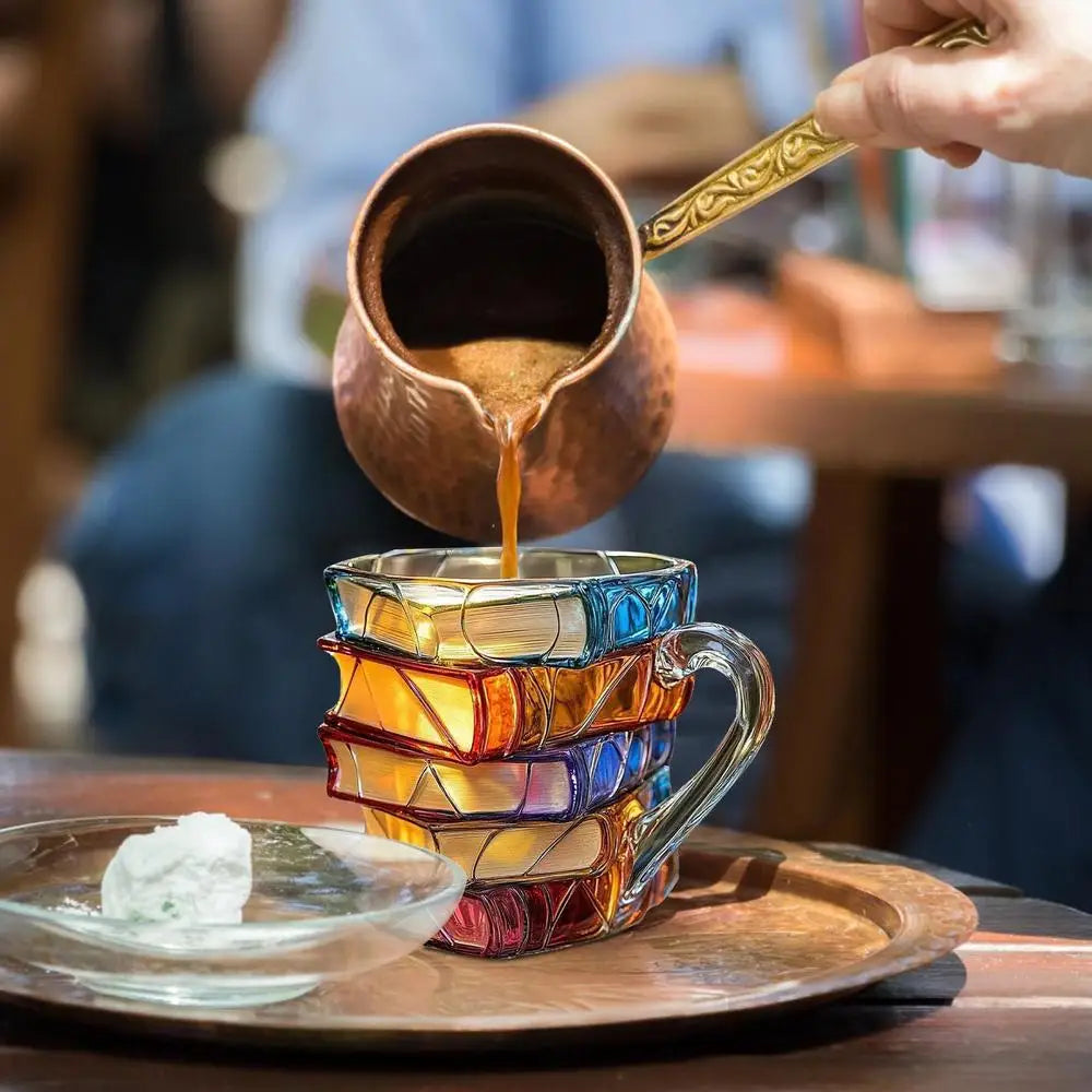 Aleron — 3D Acrylic Book Stack Coffee Mug with Stained-Glass Design