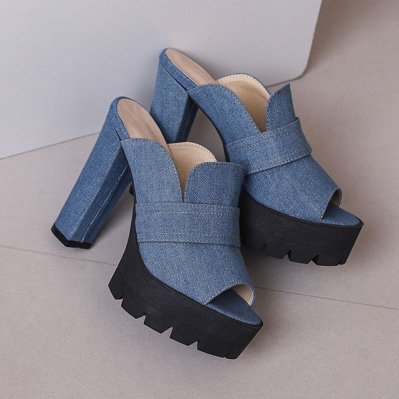 Norla Chunky Heel Denim Sandals — Raw Denim Open-Toe Comfort Heels
