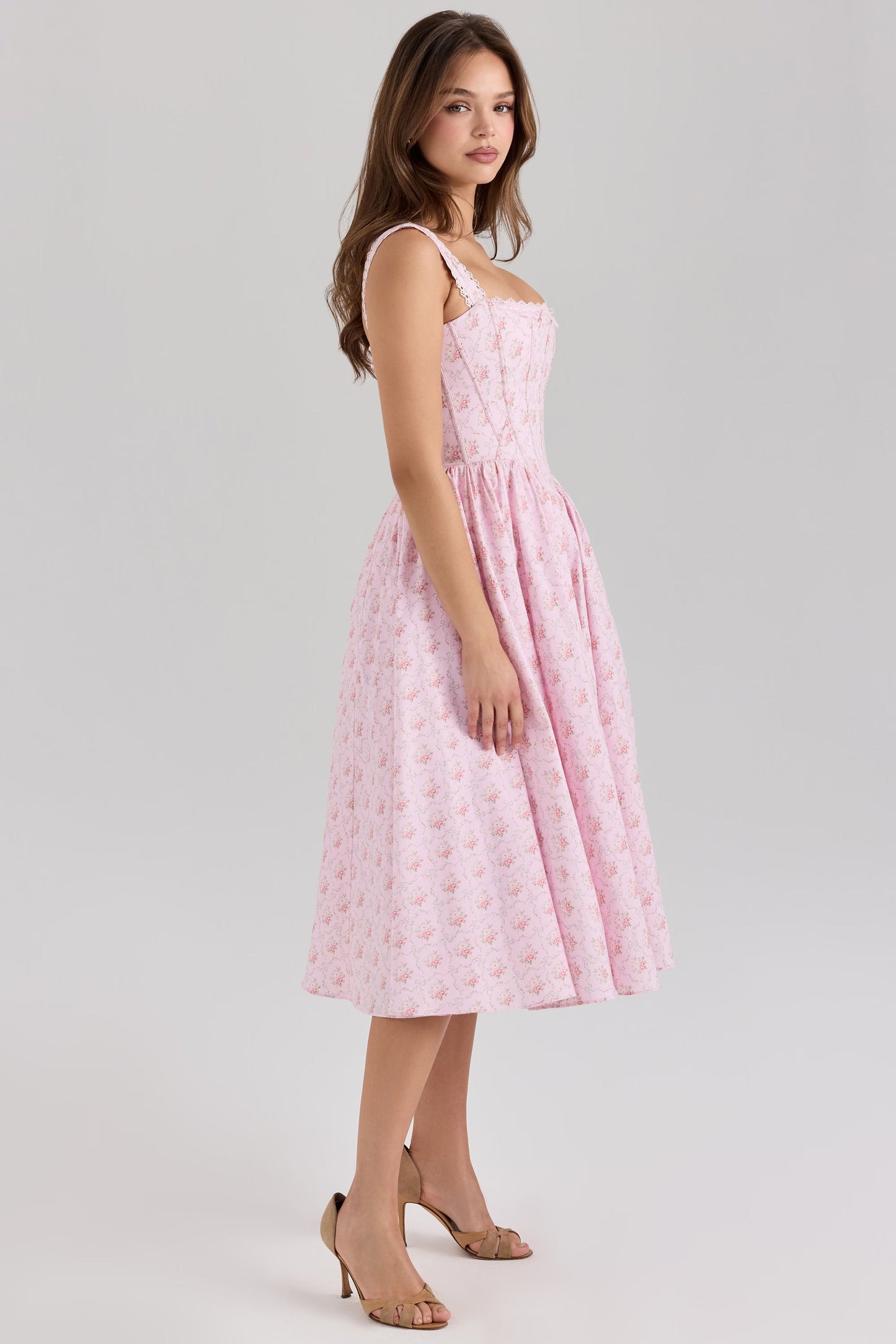 Elara Rose Dress — Pink Floral Midi Dress with Corset and Tulle Skirt