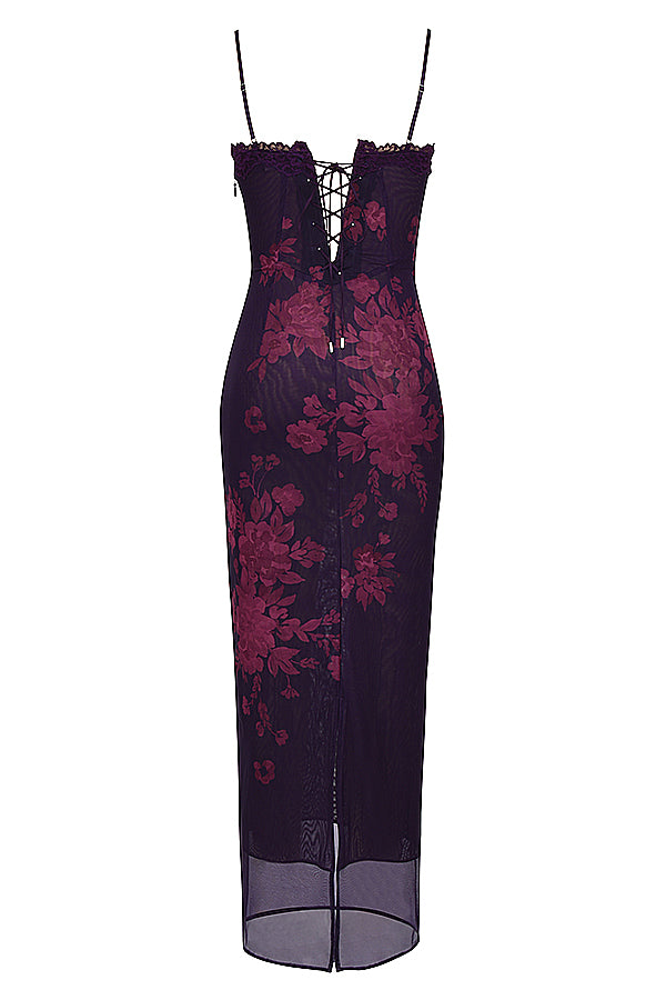Avencea — Floral Mesh Maxi Dress with Bustier Bodice
