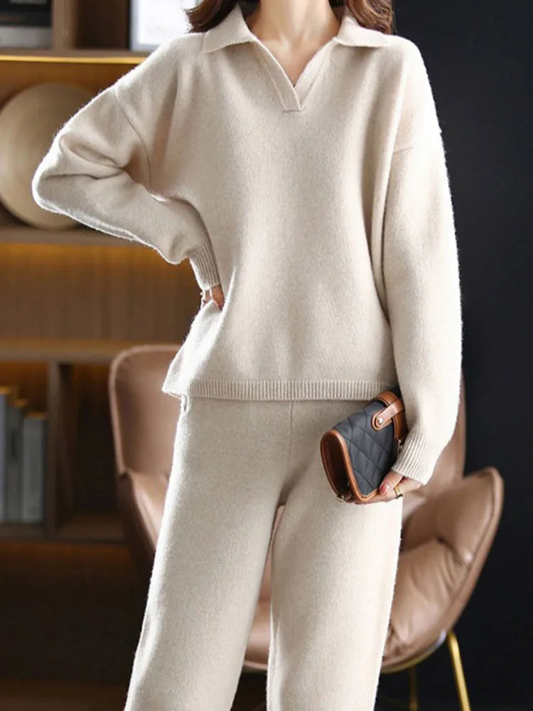 Liora — Cashmere Blend Polo Knit Two-Piece Set for Comfort