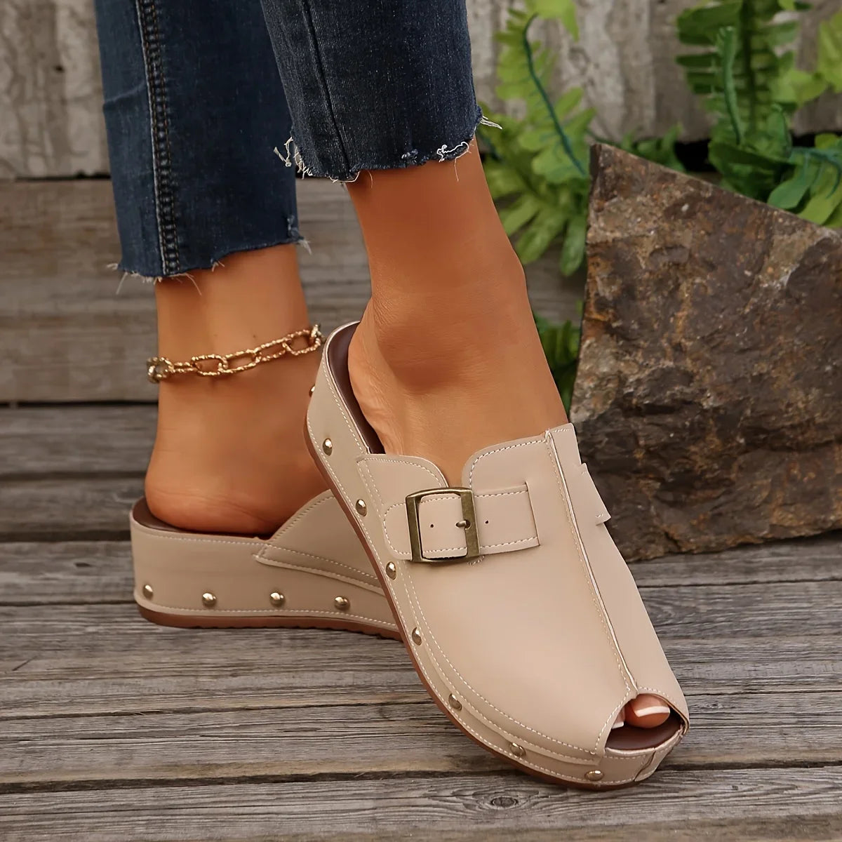 Liora — Women’s Vegan Leather Wedge Mules with Studded Sole