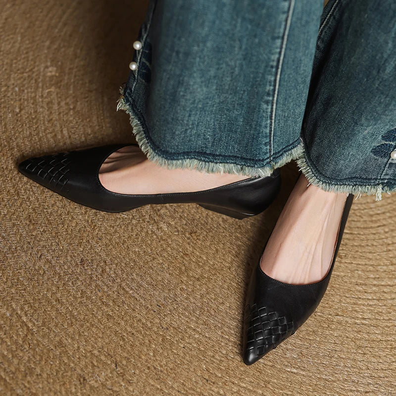 Emara Woven Leather Pumps — Genuine Leather Pointed Toe with Comfortable Wedge Heel