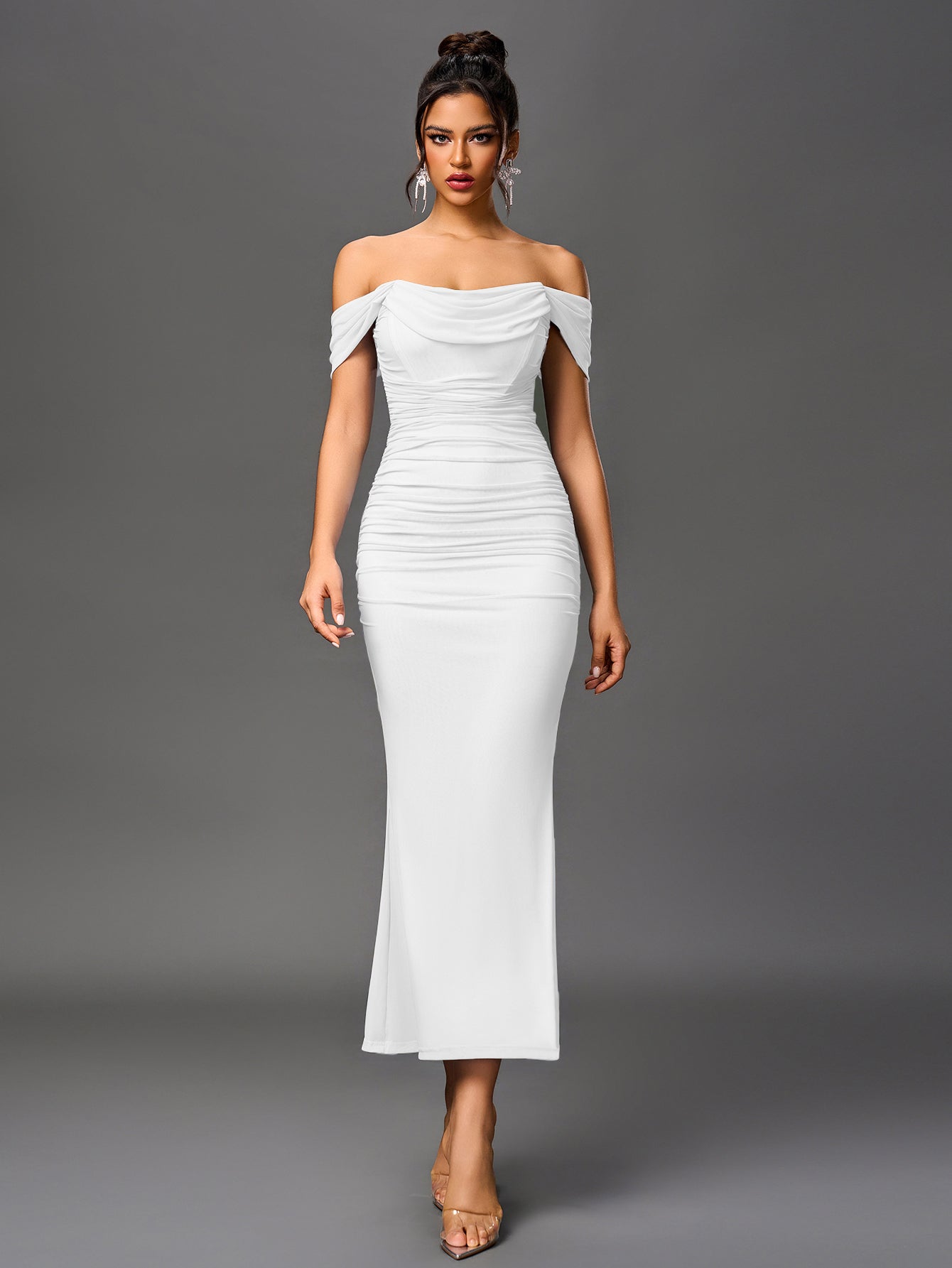 Vexira Off Shoulder Ruched Zipper Back Bodycon Dress