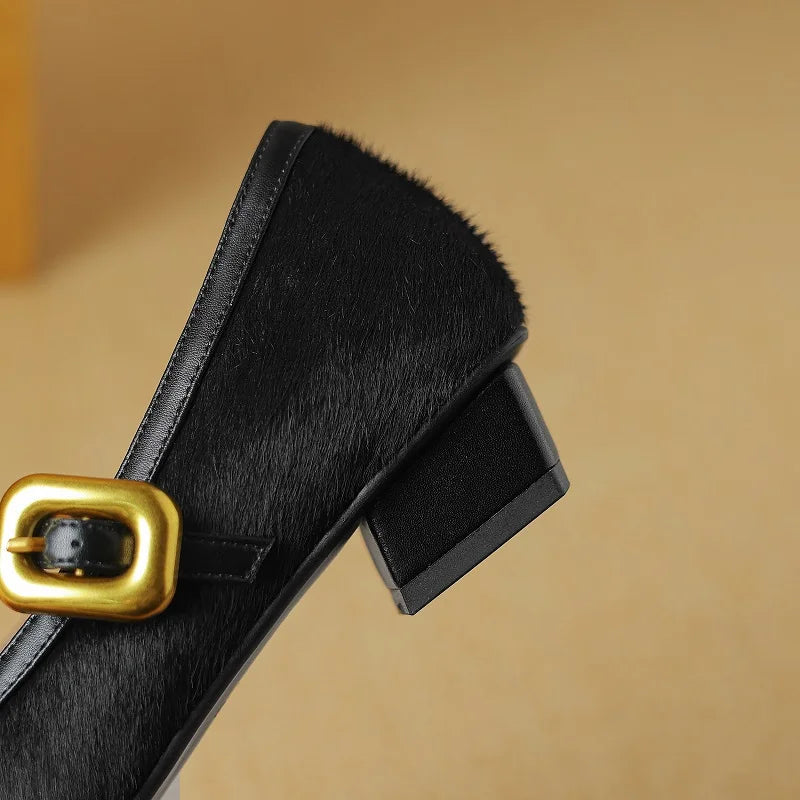 Embera — Genuine Horsehair Square-Toe Pumps with Low Block Heel