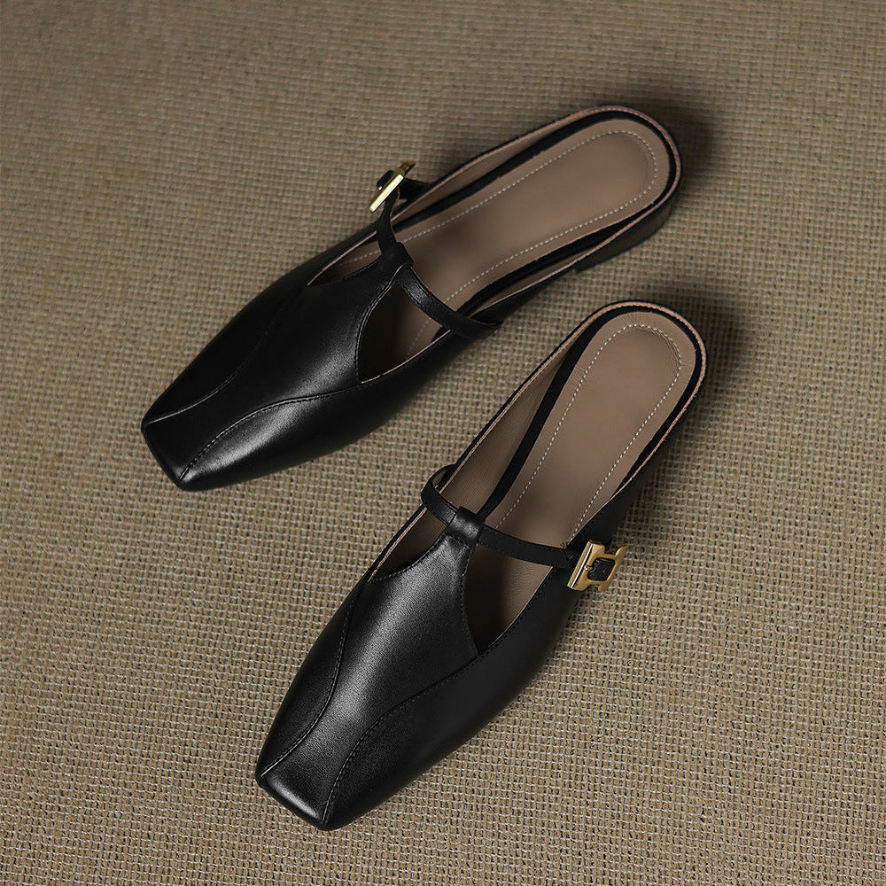 Velora — Genuine Leather T-Strap Mules with Cushioned Heel