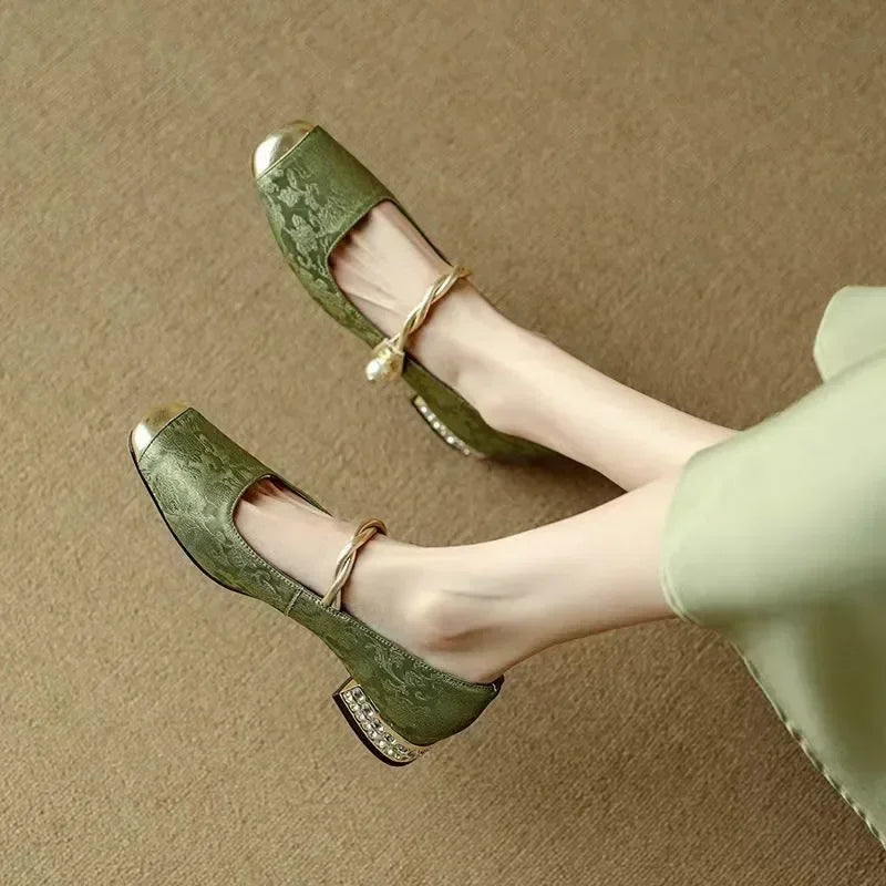 Aloria Silk Pumps — Vintage Style with Pearl Strap and Low Heel