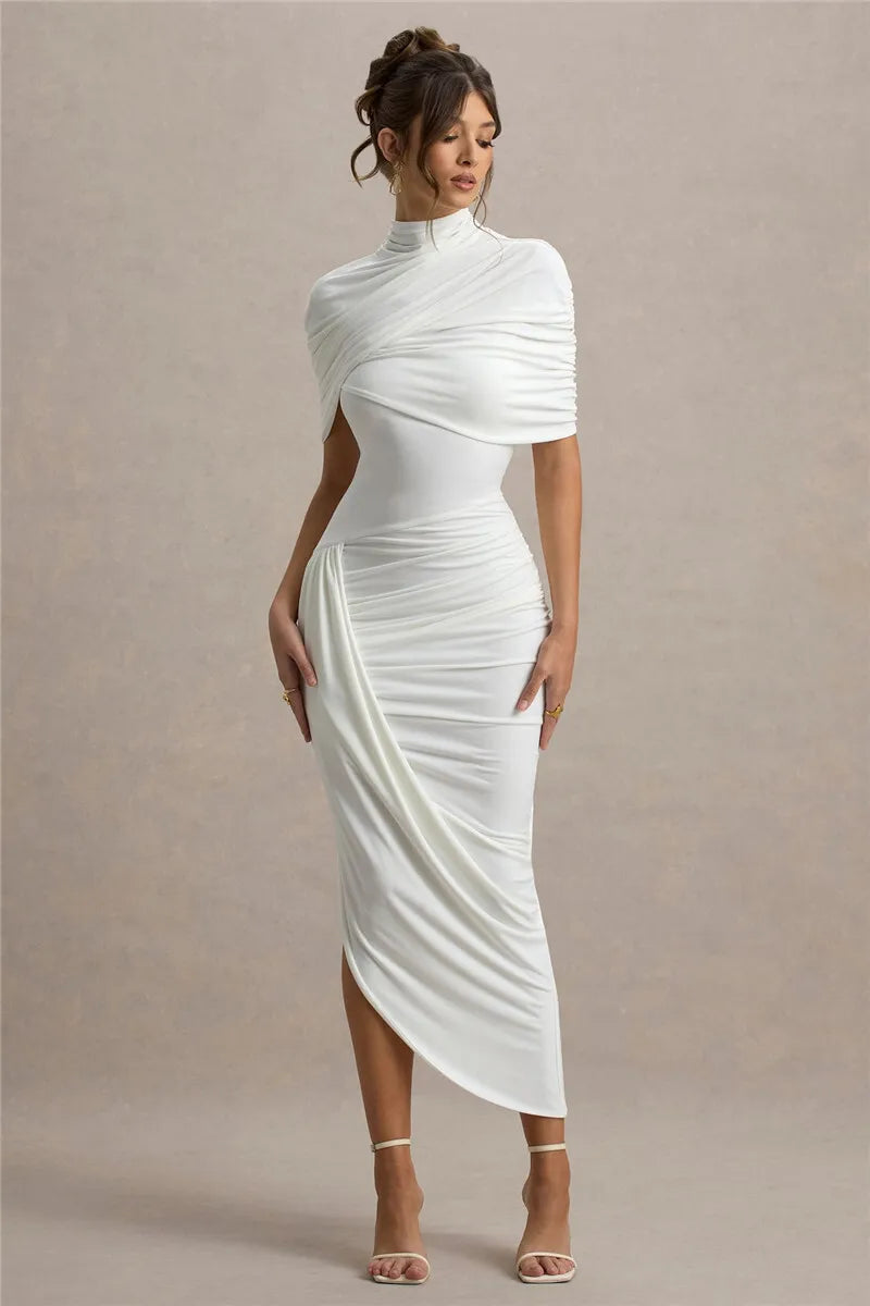 Arlenza — Backless Maxi Dress with Ruched Waist and Turtleneck