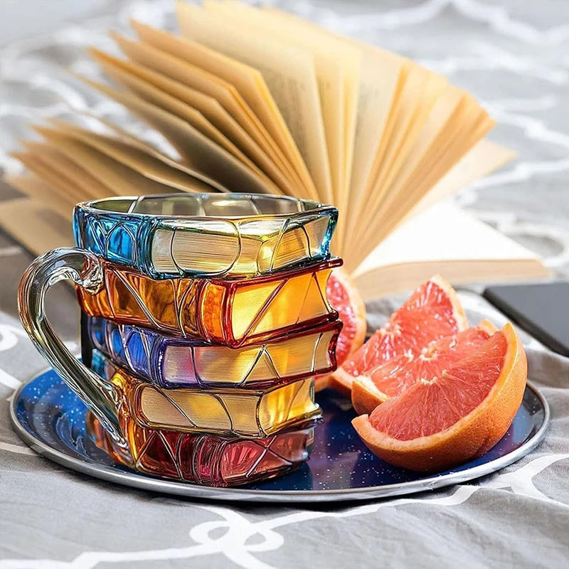 Aleron — 3D Acrylic Book Stack Coffee Mug with Stained-Glass Design