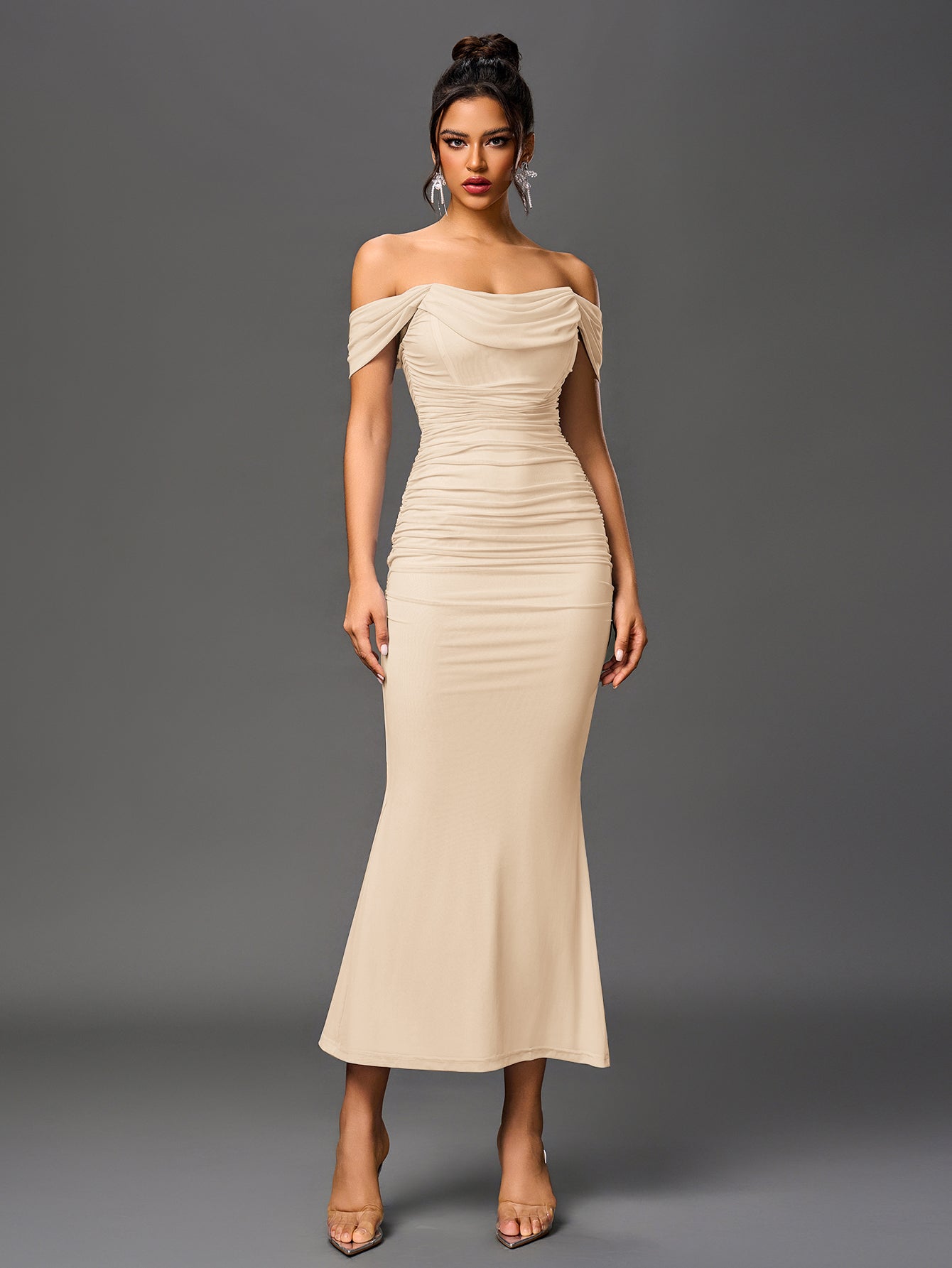 Vexira Off Shoulder Ruched Zipper Back Bodycon Dress