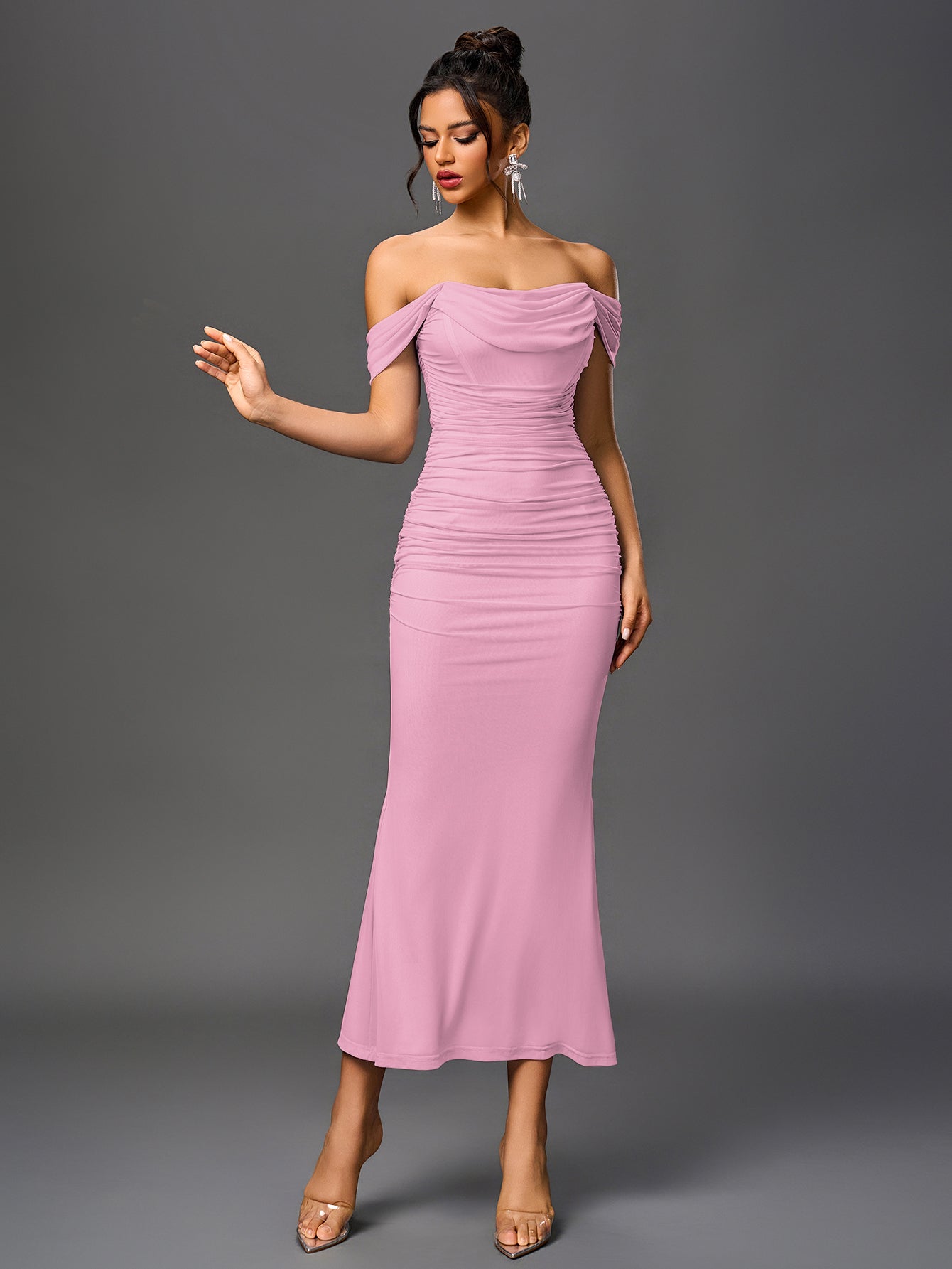 Vexira Off Shoulder Ruched Zipper Back Bodycon Dress