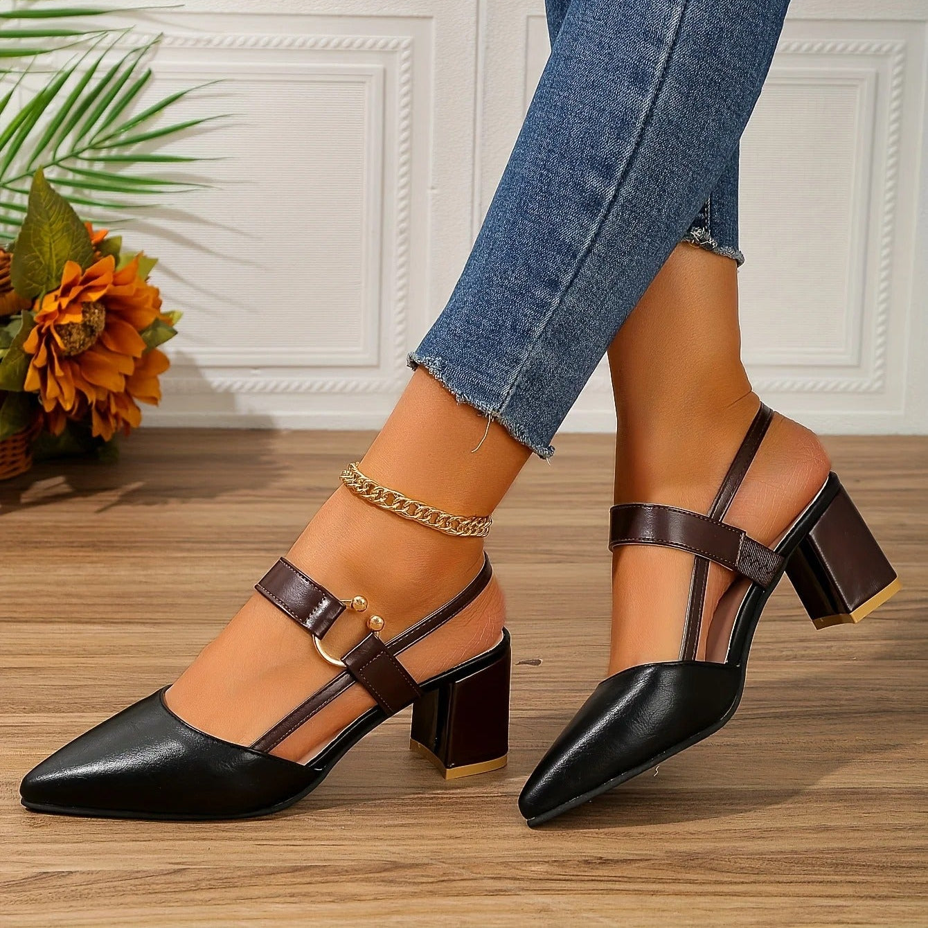 Elara Slingback Heels — Double Strap Pointed Toe Block Heel with Gold Detail