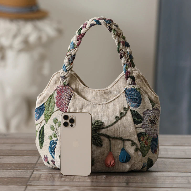 Elevai — Hand-Embroidered Canvas Bag with Braided Handle
