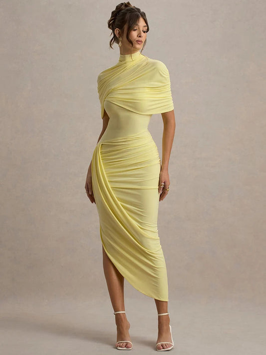 Arlenza — Backless Maxi Dress with Ruched Waist and Turtleneck