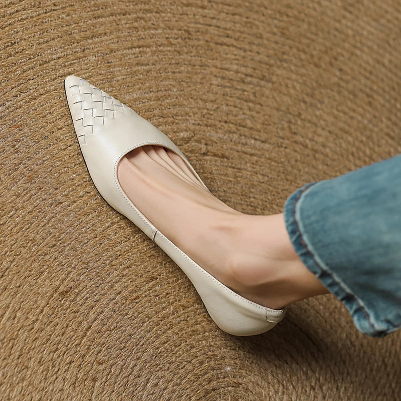 Emara Woven Leather Pumps — Genuine Leather Pointed Toe with Comfortable Wedge Heel