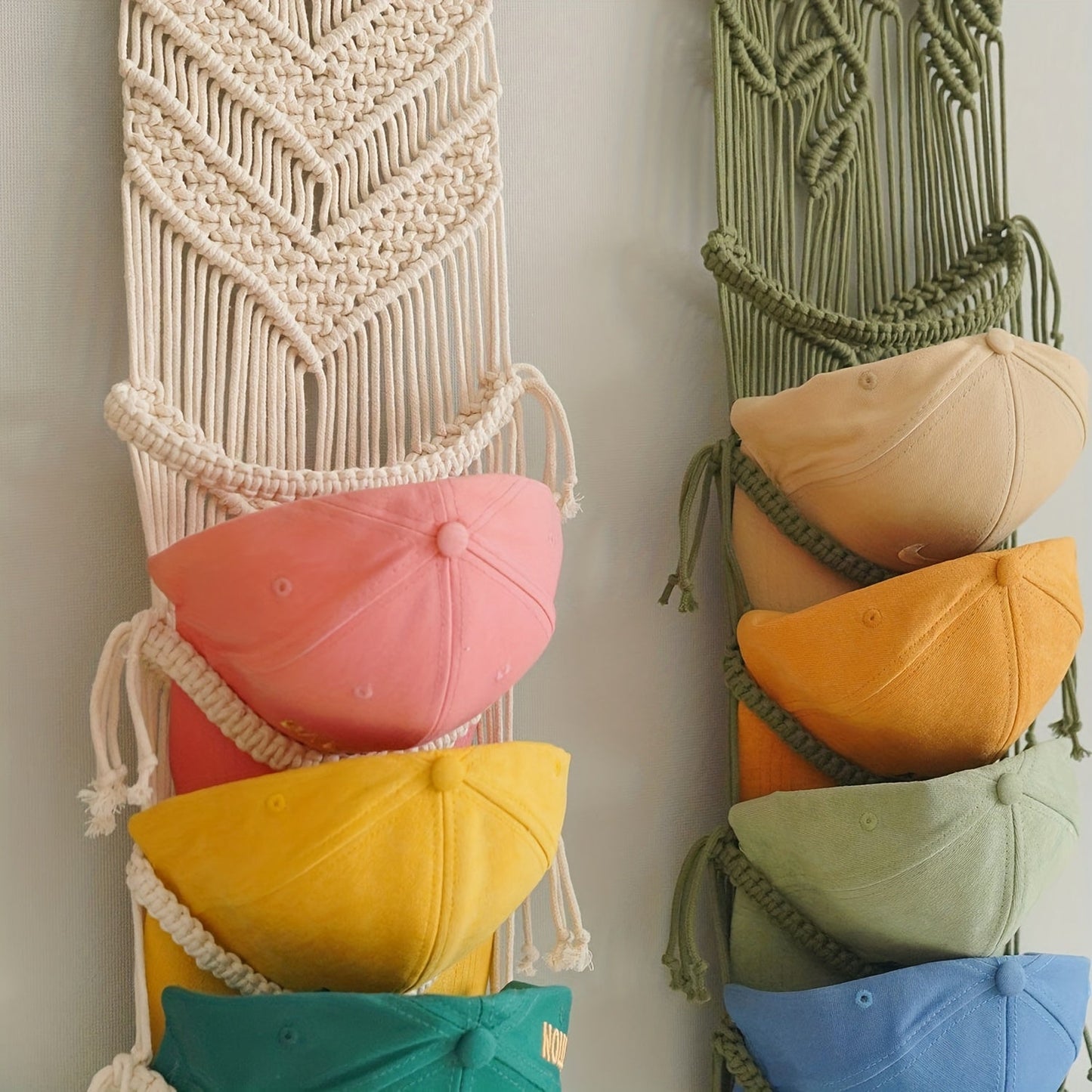 Soren Macrame Organizer — Handcrafted Boho Hat Storage with Tassel Accents