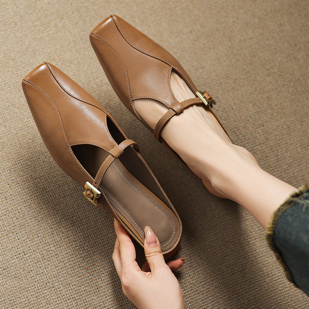 Velora — Genuine Leather T-Strap Mules with Cushioned Heel