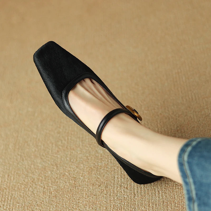 Embera — Genuine Horsehair Square-Toe Pumps with Low Block Heel