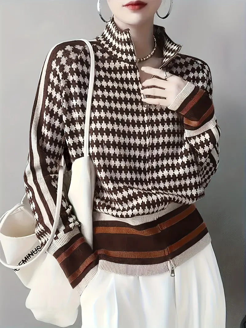 Zevran — Houndstooth Knit Sweater with Full Zip and High Collar