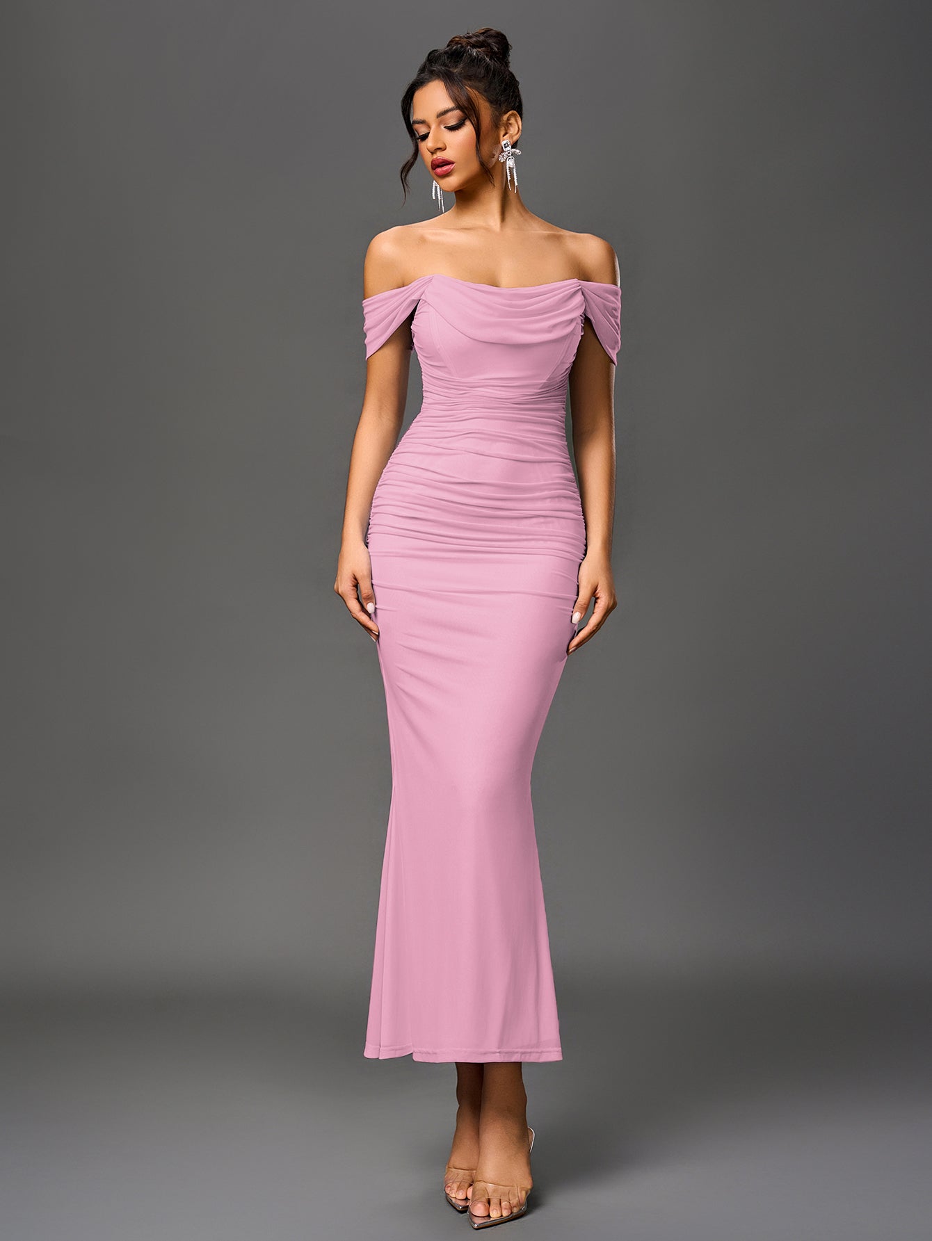 Vexira Off Shoulder Ruched Zipper Back Bodycon Dress