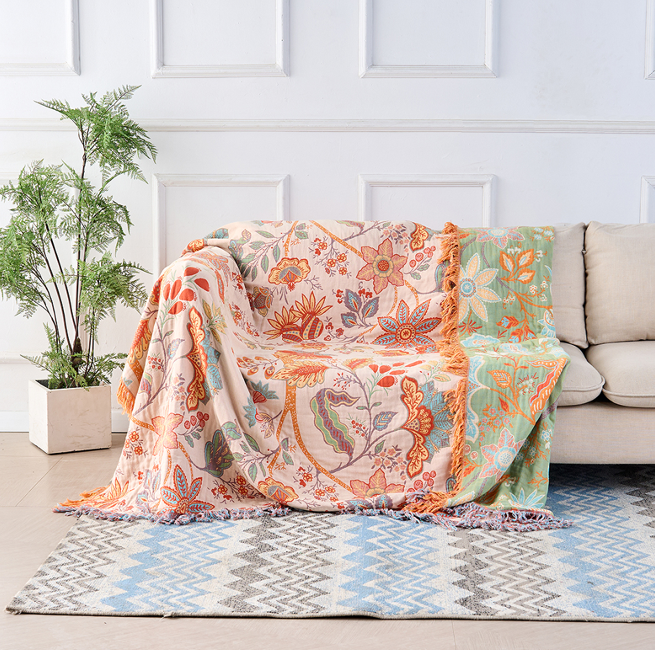 Liora — Boho Floral Cotton Throw Blanket with Textured Fringe