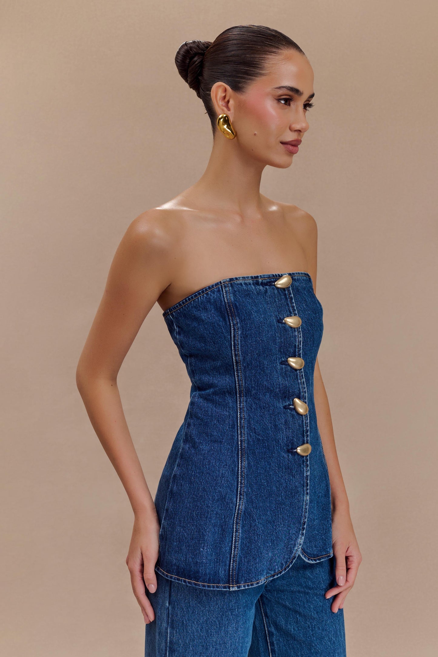 Veltrix Strapless Long Line Button Top - Dark Blue