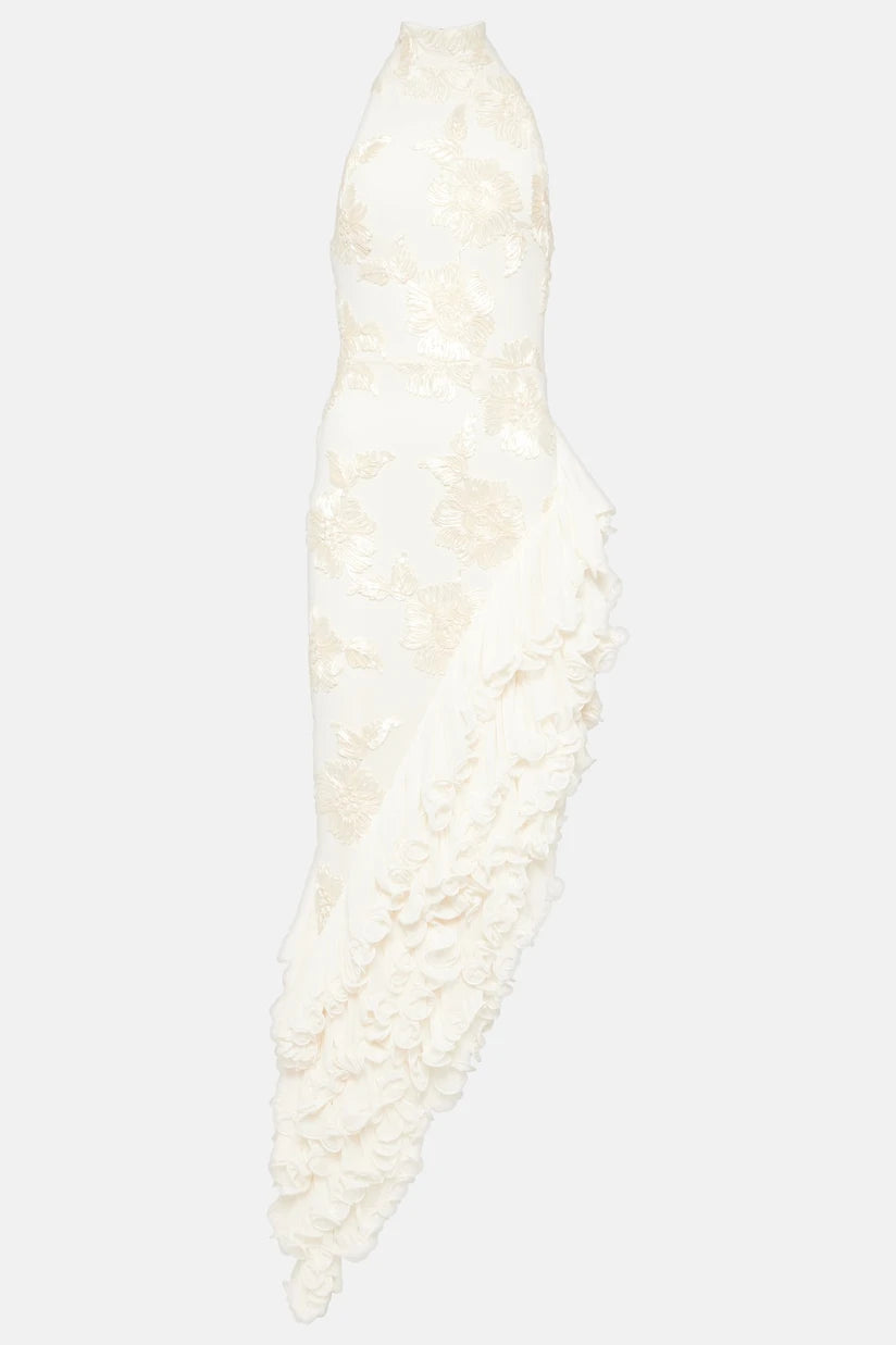 Liora — Floral Appliqué Maxi Dress with Sheer Layers