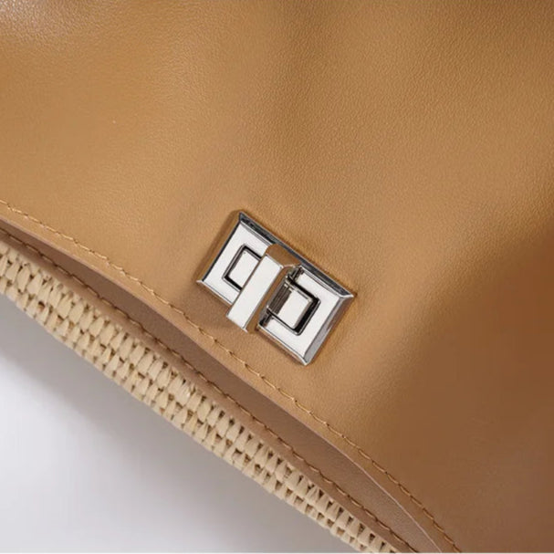 Lena — Handwoven Raffia and Leather Handbag with Turn Clasp Lock
