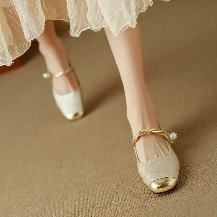 Aloria Silk Pumps — Vintage Style with Pearl Strap and Low Heel