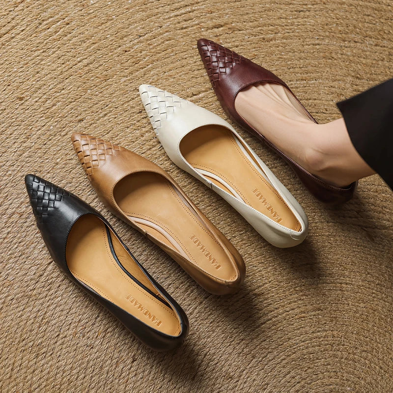 Emara Woven Leather Pumps — Genuine Leather Pointed Toe with Comfortable Wedge Heel