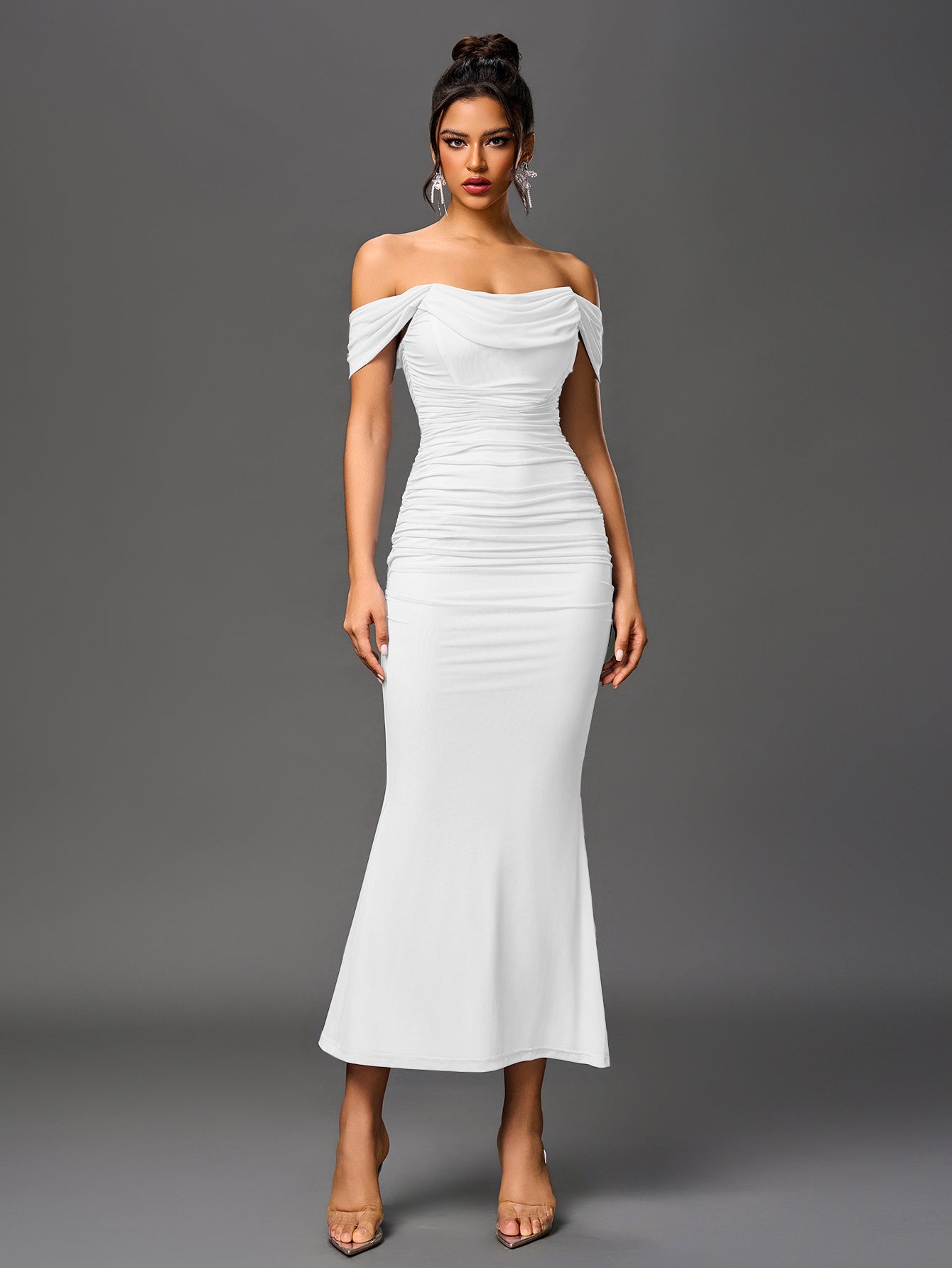 Vexira Off Shoulder Ruched Zipper Back Bodycon Dress