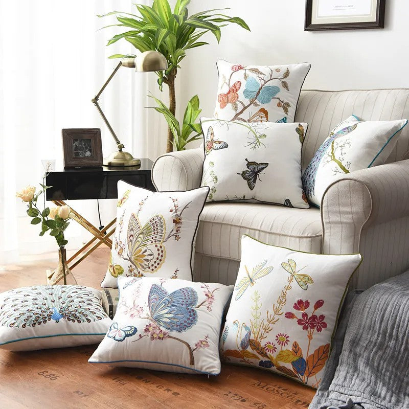 Liora — Embroidered Butterfly Cushion Cover in Cotton-Linen Blend