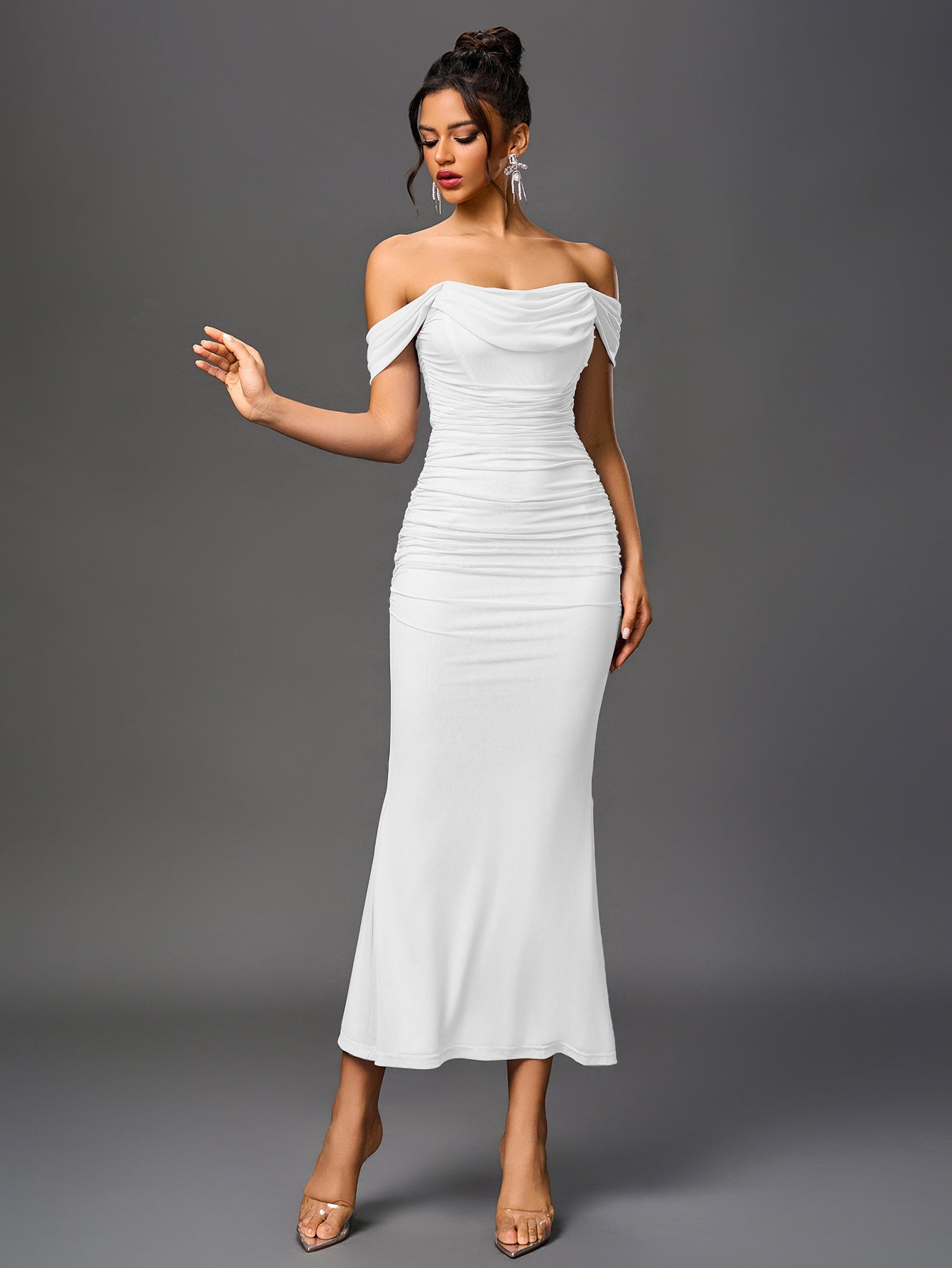 Vexira Off Shoulder Ruched Zipper Back Bodycon Dress