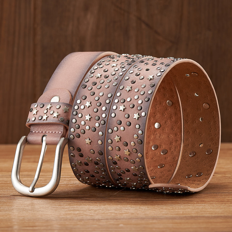 Liora — Genuine Leather Studded Belt with Star Accents