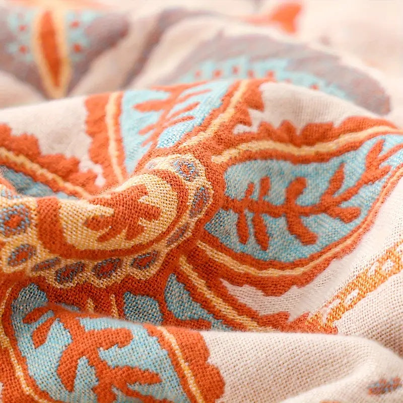 Liora — Boho Floral Cotton Throw Blanket with Textured Fringe