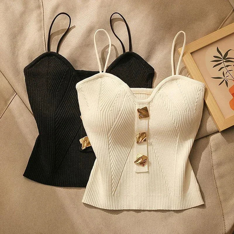Marenna — Fine-Gauge Knit Crop Top with Gold Accents