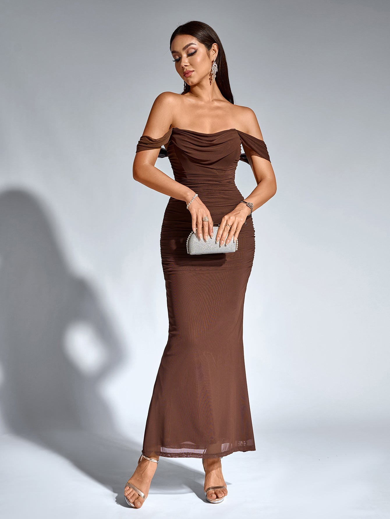 Vexira Off Shoulder Ruched Zipper Back Bodycon Dress