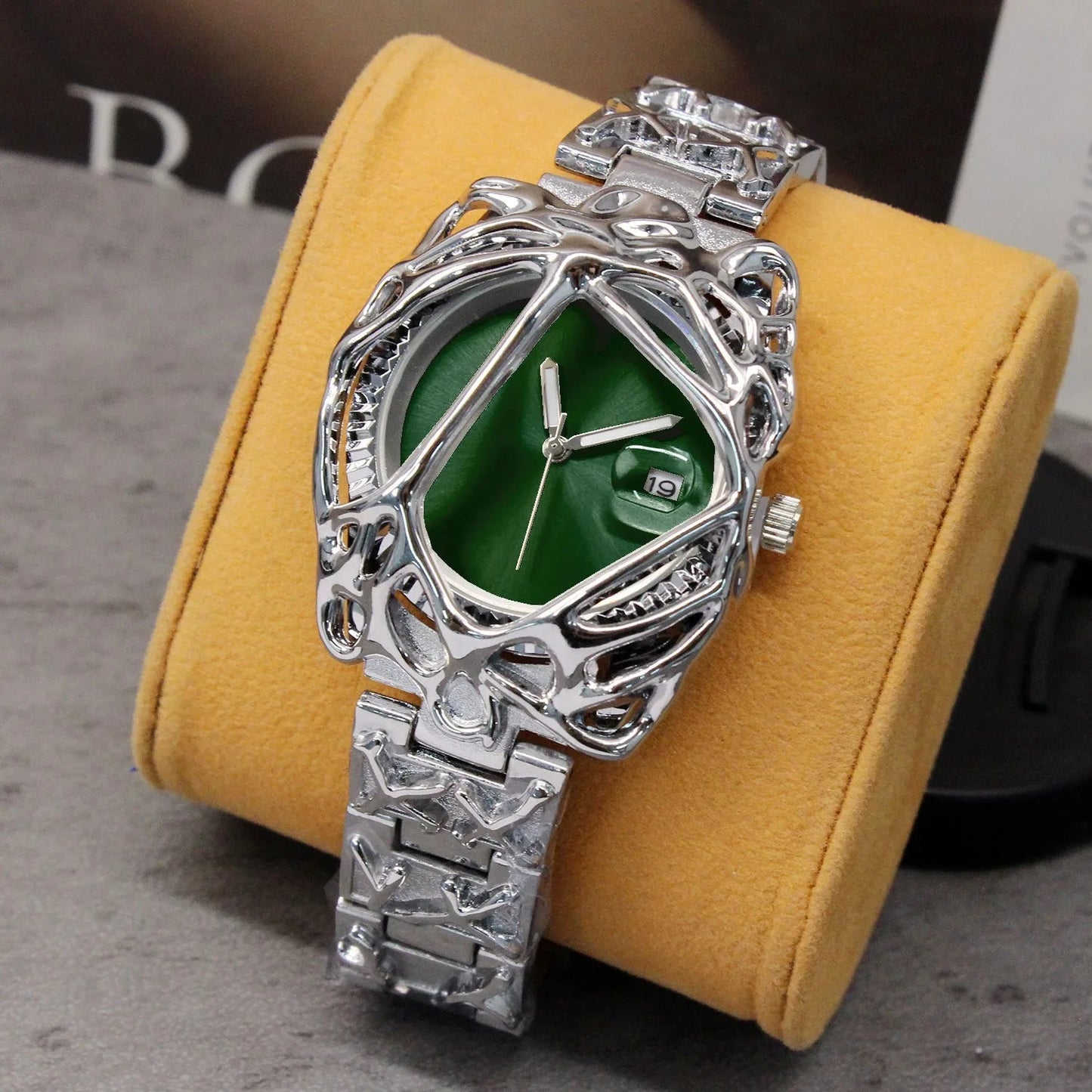 Renvar — Liquid Metal Frame Watch with Chrome Bracelet and Date Display