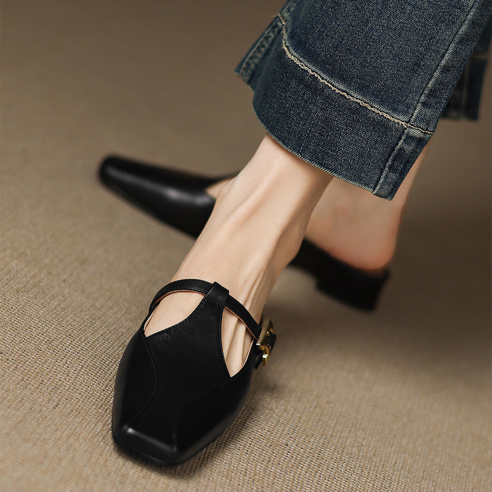 Velora — Genuine Leather T-Strap Mules with Cushioned Heel