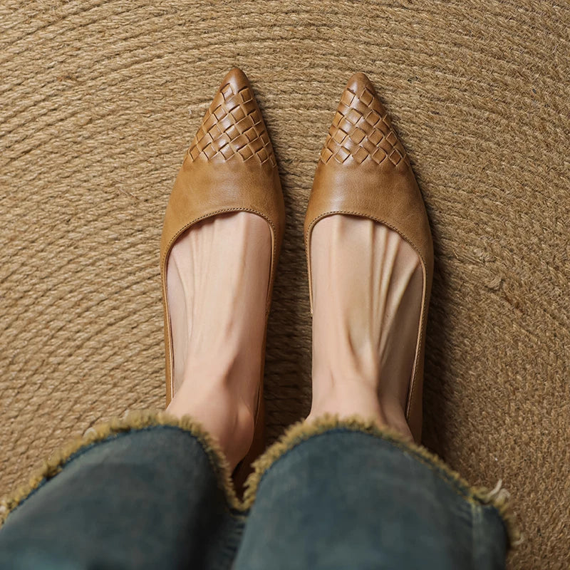 Emara Woven Leather Pumps — Genuine Leather Pointed Toe with Comfortable Wedge Heel