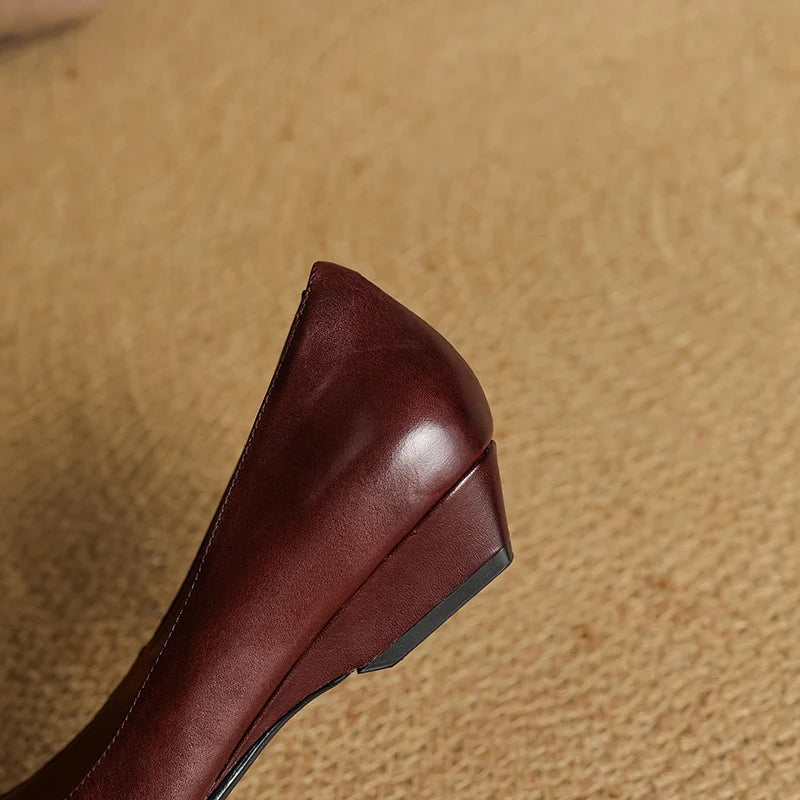 Emara Woven Leather Pumps — Genuine Leather Pointed Toe with Comfortable Wedge Heel