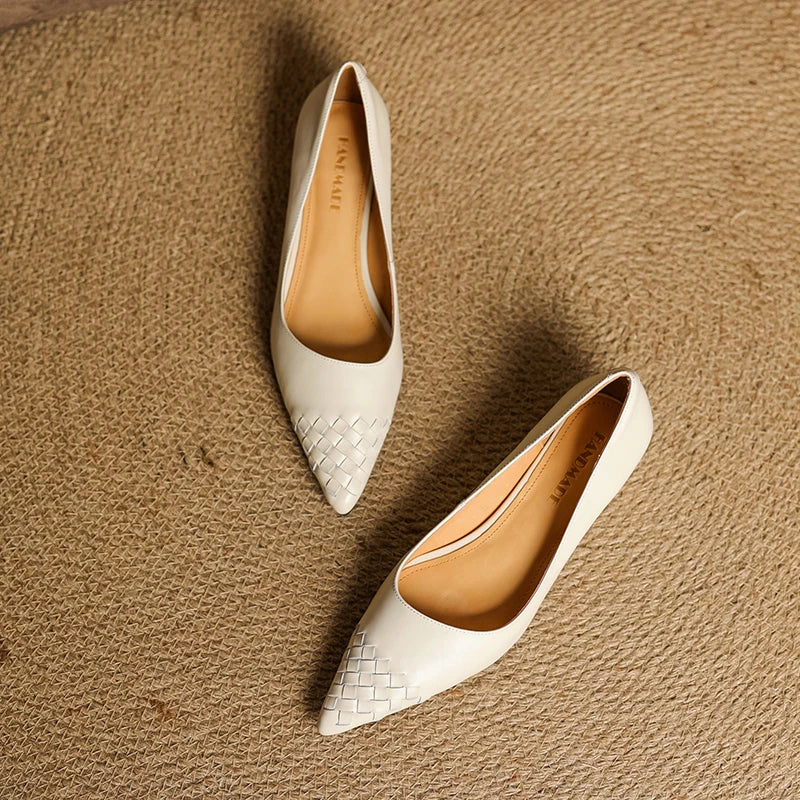 Emara Woven Leather Pumps — Genuine Leather Pointed Toe with Comfortable Wedge Heel