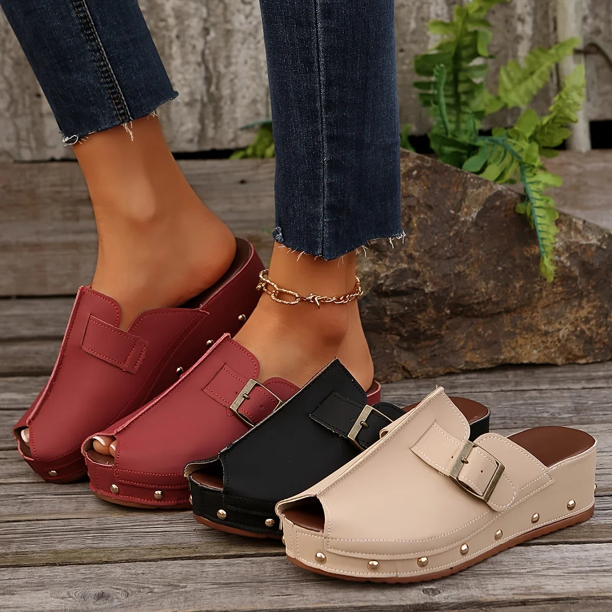Liora — Women’s Vegan Leather Wedge Mules with Studded Sole