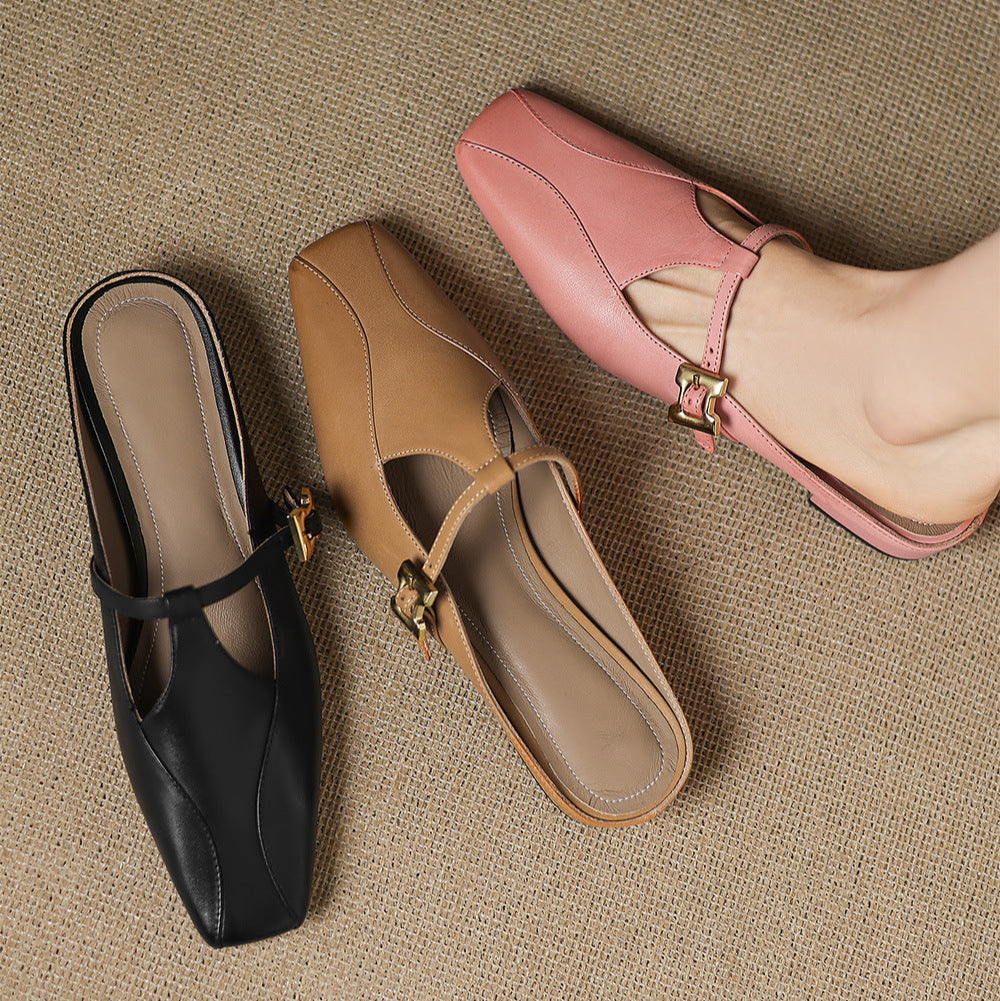 Velora — Genuine Leather T-Strap Mules with Cushioned Heel