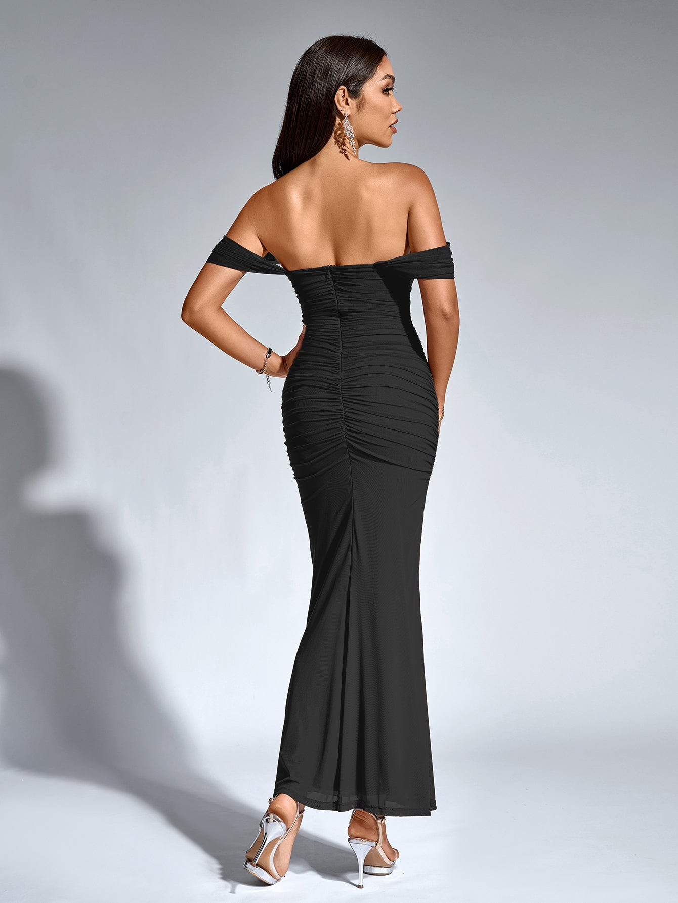 Vexira Off Shoulder Ruched Zipper Back Bodycon Dress