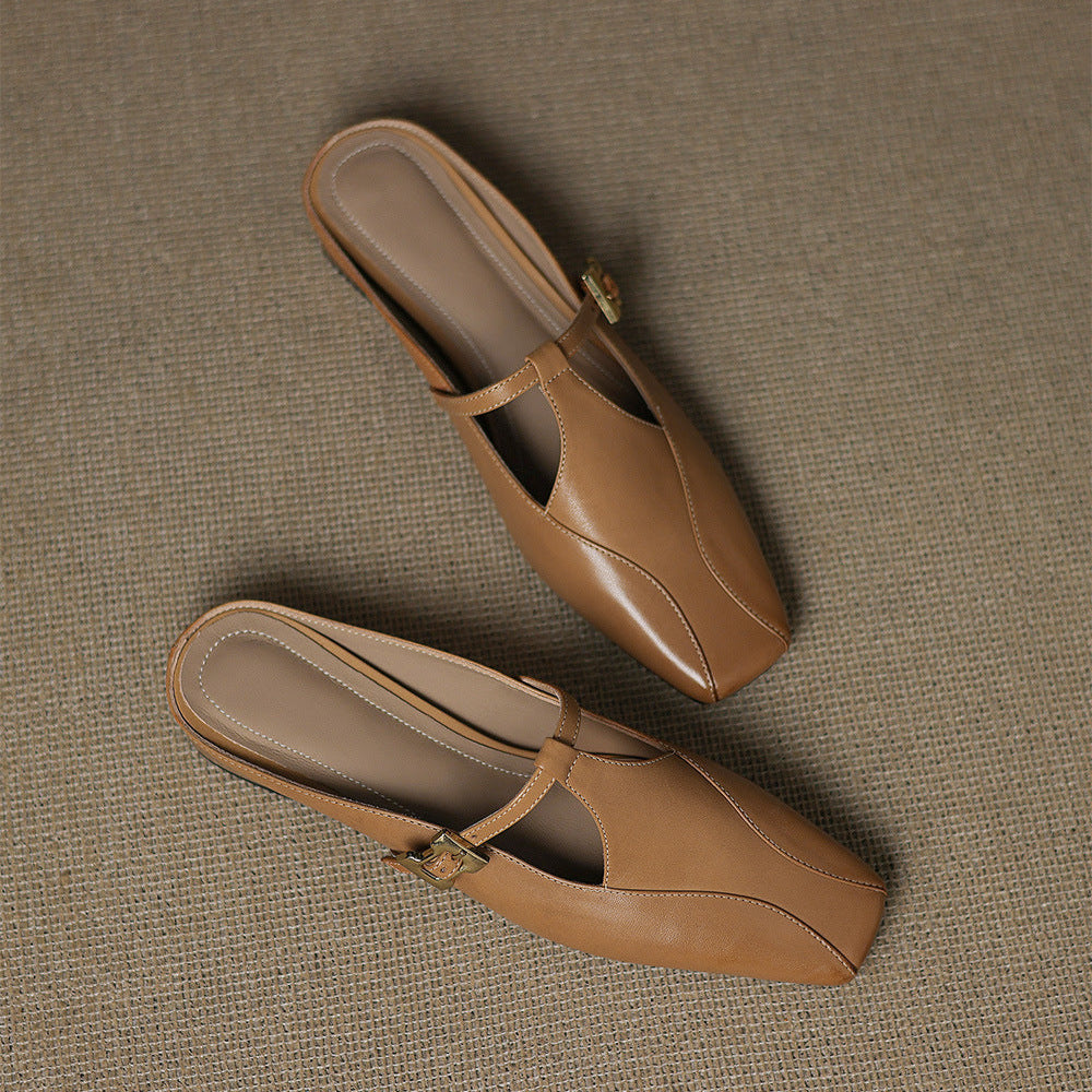 Velora — Genuine Leather T-Strap Mules with Cushioned Heel