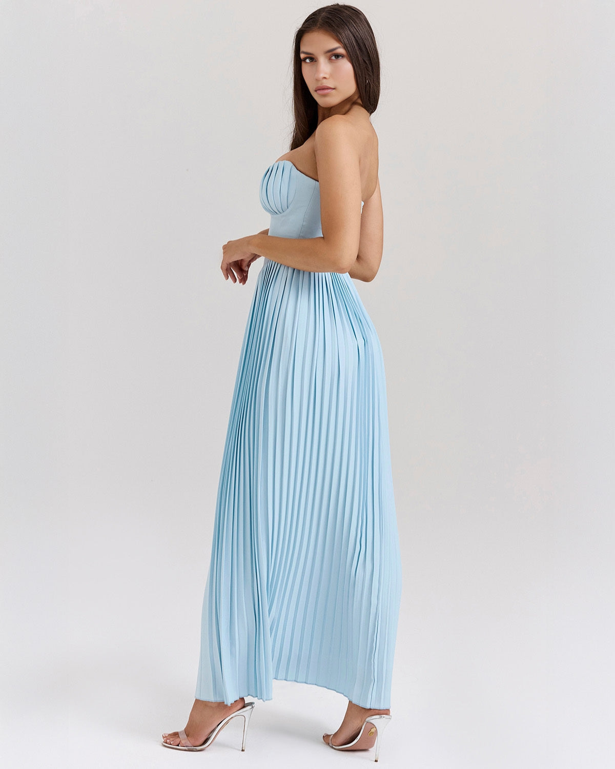 Erisca — Ocean Blue Pleated Maxi Dress with Structured Bodice