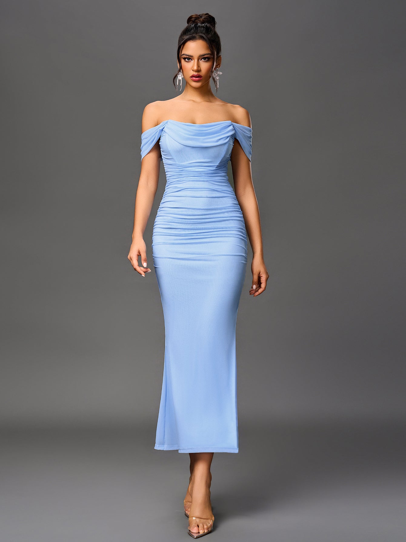 Vexira Off Shoulder Ruched Zipper Back Bodycon Dress