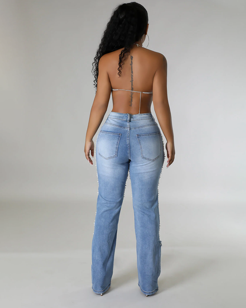 Norla — High-Waisted Pearl Embellished Stretch Jeans with Destroyed Finish