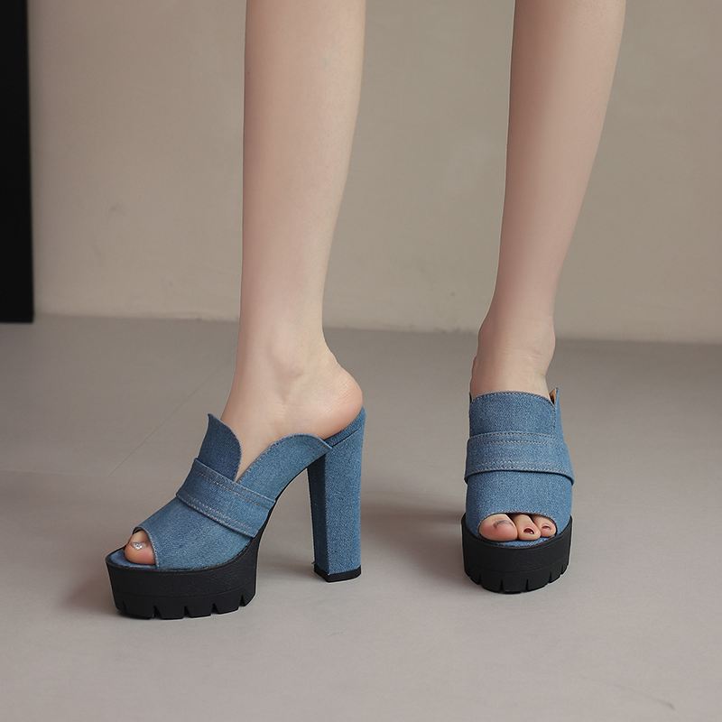 Norla Chunky Heel Denim Sandals — Raw Denim Open-Toe Comfort Heels